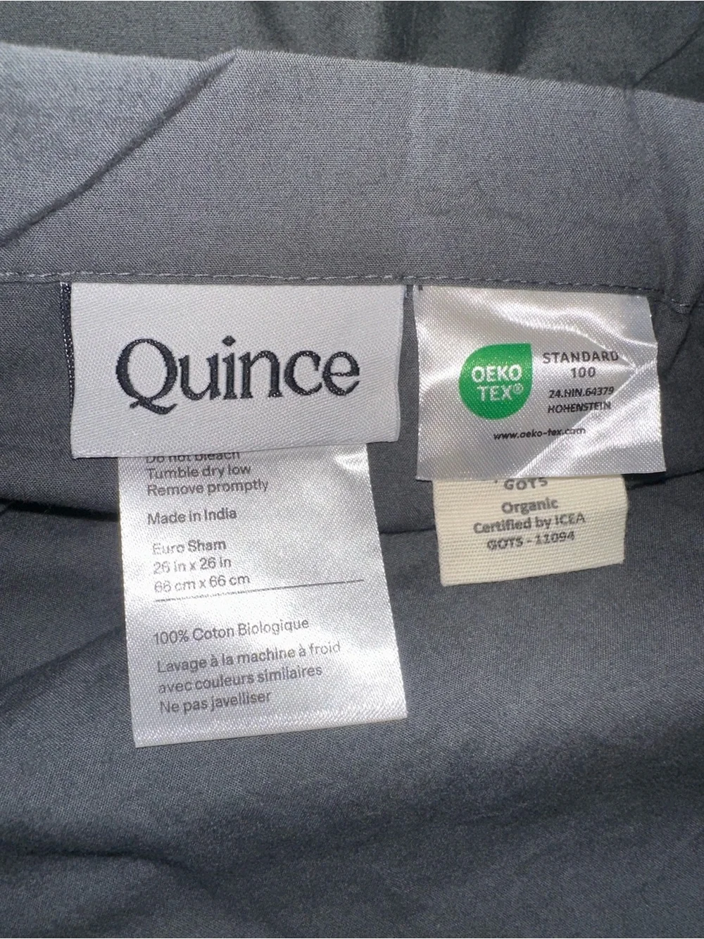 QUINCE Euro Sham 100% Organic Cotton Dark Grey 26x26 - NWOT